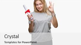  Presentation with symbol - Slides enhanced with excellence diploma - young caucasian woman holding degree background and a white colored foreground