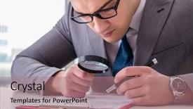  Presentation with magnifying glass - Beautiful slide set featuring exceptional - businessman with magnifying glass studying backdrop and a coral colored foreground