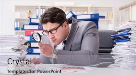  Presentation with detective magnifying glass - PPT theme enhanced with exceptional - male businessman with magnifying glass background and a light gray colored foreground