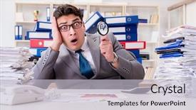  Presentation with blonde holds a magnifying glass - Beautiful presentation theme featuring exceptional - male businessman with magnifying glass backdrop and a light gray colored foreground