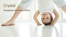  Presentation with torn down buildings - Slides with excercise kids - happy boy upside down laying background and a sky blue colored foreground