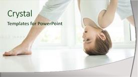  Presentation with torn down buildings - Presentation theme enhanced with excercise kids - happy boy upside down laying background and a sky blue colored foreground