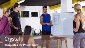  Presentation with athletes - Colorful slide set enhanced with excercise training course group backdrop and a violet colored foreground