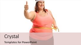  Presentation with measuring - PPT theme featuring excess body fat wellness - overweight woman measuring her waist background and a lemonade colored foreground