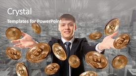  Presentation with bitcoin - Audience pleasing presentation theme consisting of exchange goods - happy businessman throwing bitcoin coin backdrop and a gray colored foreground