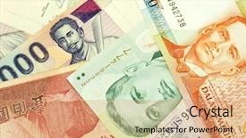  Presentation with exchange rates - Amazing PPT theme having exchange rates - banknotes of asian countries backdrop and a coral colored foreground