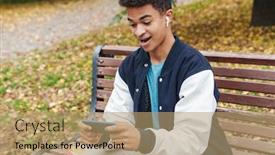  Presentation with mobile games - Presentation theme with excited-african-boy-student-sitting background and a coral colored foreground