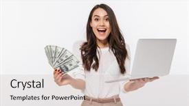  Presentation with portrait of excited overjoyed female - Beautiful presentation featuring excited asian businesswoman showing money backdrop and a soft green colored foreground