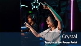  Presentation with roll - Theme featuring excited-asian-girl-ing-headset background and a navy blue colored foreground