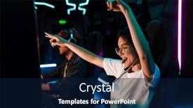  Presentation with roll - Slide deck consisting of excited-asian-girl-ing-headset background and a navy blue colored foreground