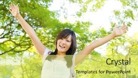  Presentation with teen - Amazing slide set having excited asian teen raise her arms in university campus backdrop and a yellow colored foreground