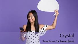  Presentation with bubble - Beautiful presentation featuring excited asian woman in dress backdrop and a light blue colored foreground