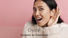  Presentation with asian - PPT theme with excited-asian-woman-overhearing background and a coral colored foreground