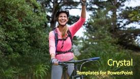  Presentation with mountain bike - Slides having excited athletic woman standing with mountain bike in forest background and a tawny brown colored foreground