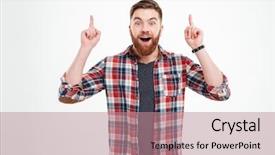  Presentation with fingers - Presentation theme enhanced with excited bearded man in checkered background and a coral colored foreground
