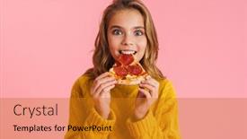  Presentation with eating - Theme having excited-beautiful-blonde-girl-eating background and a gold colored foreground