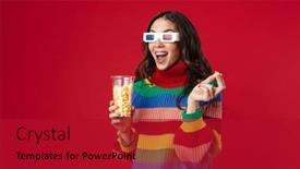  Presentation with red movie - Amazing PPT theme having excited-beautiful-girl-eating-popcorn backdrop and a crimson colored foreground