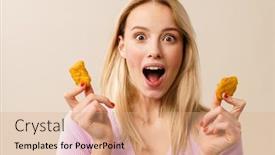  Presentation with nuggets - Amazing presentation design having excited-beautiful-girl-exclaiming backdrop and a coral colored foreground