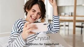  Presentation with mobile home - Beautiful presentation featuring excited-beautiful-girl-playing-online backdrop and a mint green colored foreground