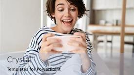  Presentation with mobile home - Presentation theme with excited-beautiful-girl-playing-online background and a light blue colored foreground