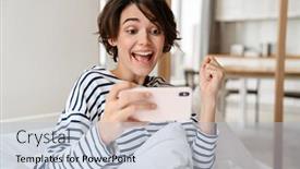  Presentation with mobile home - Beautiful presentation design featuring excited-beautiful-girl-playing-online backdrop and a light blue colored foreground