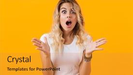  Presentation with basic - Cool new slides with excited blond woman in basic backdrop and a gold colored foreground