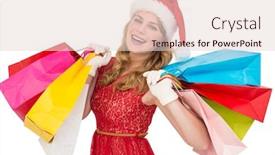  Presentation with santa - Audience pleasing theme consisting of excited blonde in santa hat holding shopping bags on white background backdrop and a lemonade colored foreground