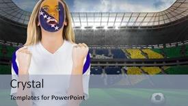  Presentation with bosnia - Slide set having excited bosnia fan in face paint cheering against large football stadium with brasilian fans background and a light blue colored foreground