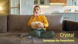  Presentation with popcorn - Presentation design enhanced with excited-boy-child-eating-popcorn background and a tawny brown colored foreground