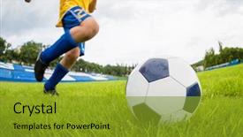  Presentation with football field - Cool new slide deck with excited boy football player backdrop and a gold colored foreground