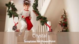  Presentation with christmas stocking - Colorful PPT layouts enhanced with excited boy wearing pajamas running down stairs holding stocking on christmas morning backdrop and a coral colored foreground