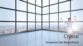  Presentation with windows - Theme having excited brunette businesswoman jumping and cheering against room with large windows showing city background and a light blue colored foreground