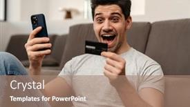  Presentation with mobile home - Beautiful presentation theme featuring excited-brunette-guy-using-mobile backdrop and a coral colored foreground