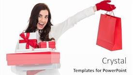  Presentation with gifts - Audience pleasing PPT layouts consisting of excited brunette holding gifts and showing shopping bag on white background backdrop and a white colored foreground