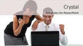  Presentation with duo - PPT layouts featuring excited business duo with laptop background and a light gray colored foreground