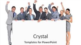  Presentation with business team join hands white - Amazing slide set having excited business team holding poster backdrop and a  colored foreground