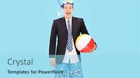  Presentation with beach ball - Cool new presentation theme with excited businessman with a snorkel holding a beach ball on blue background backdrop and a arctic colored foreground