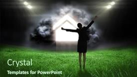  Presentation with football lights - Amazing presentation having excited businesswoman cheering against football pitch with bright lights backdrop and a forest green colored foreground