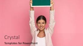  Presentation with pink green - Amazing PPT theme having excited-businesswoman-holding-a-green backdrop and a coral colored foreground