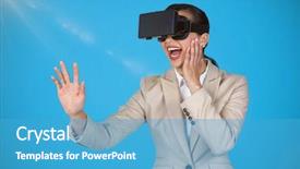  Presentation with blue video - Slide deck featuring excited businesswoman wearing virtual video background and a teal colored foreground