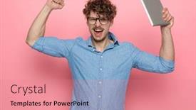  Presentation with hands holding - Slides having excited-casual-guy-holding-tab background and a coral colored foreground