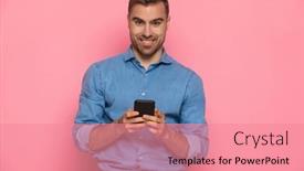  Presentation with man holding phone - Audience pleasing presentation design consisting of excited-casual-man-in-denim backdrop and a coral colored foreground