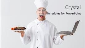  Presentation with cook chef - Amazing presentation theme having excited chef cook wearing uniform standing over white background holding laptop computer showing a dish backdrop and a white colored foreground