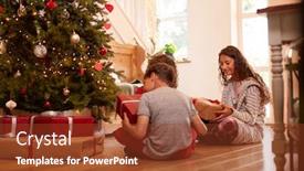  Presentation with christmas presents - PPT theme having excited children opening presents by tree on christmas morning background and a tawny brown colored foreground