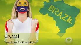  Presentation with colombia - Slide set enhanced with excited colombia fan in face paint cheering against football pitch with brazil outline and text background and a yellow colored foreground