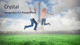  Presentation with eiffel tower - PPT layouts with excited couple cheering and jumping against eiffel tower background and a light blue colored foreground