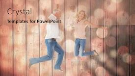  Presentation with black light - Beautiful slides featuring excited couple cheering and jumping against light circles on black background backdrop and a coral colored foreground