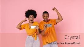  Presentation with winning - Presentation theme having excited-couple-in-orange-t background and a red colored foreground