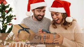  Presentation with christmas dinner - PPT theme featuring excited-couple-in-santa-claus background and a coral colored foreground