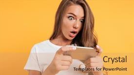  Presentation with mobile games - Presentation design consisting of excited cute girl playing game background and a coral colored foreground